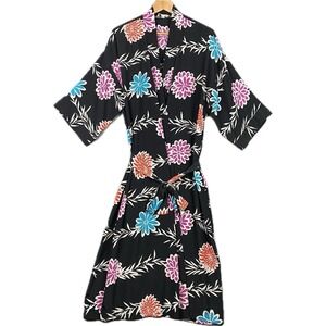 VTG Christian Dior Loungewear Robe Black M Belted Floral Made‎ in USA *READ